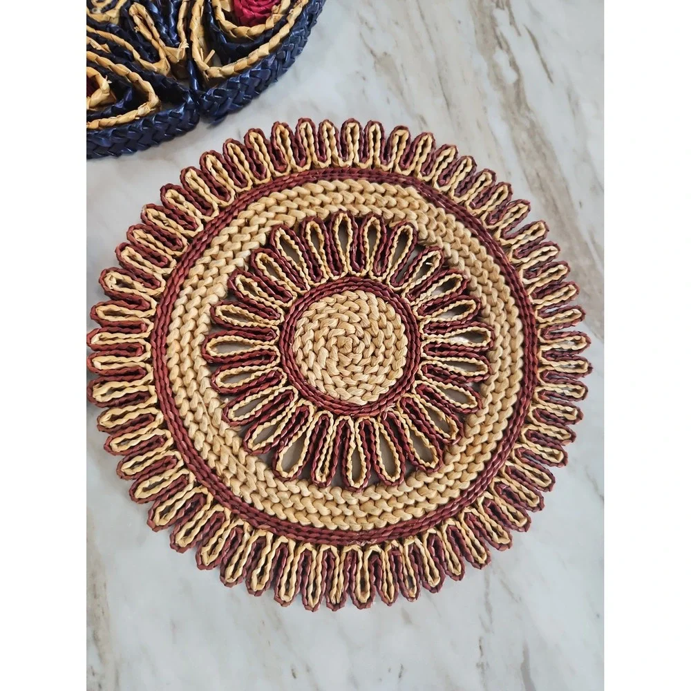 3 Vintage 60's Pot Holder Boho Woven Rattan Wicker Straw Trivet Hot Pads